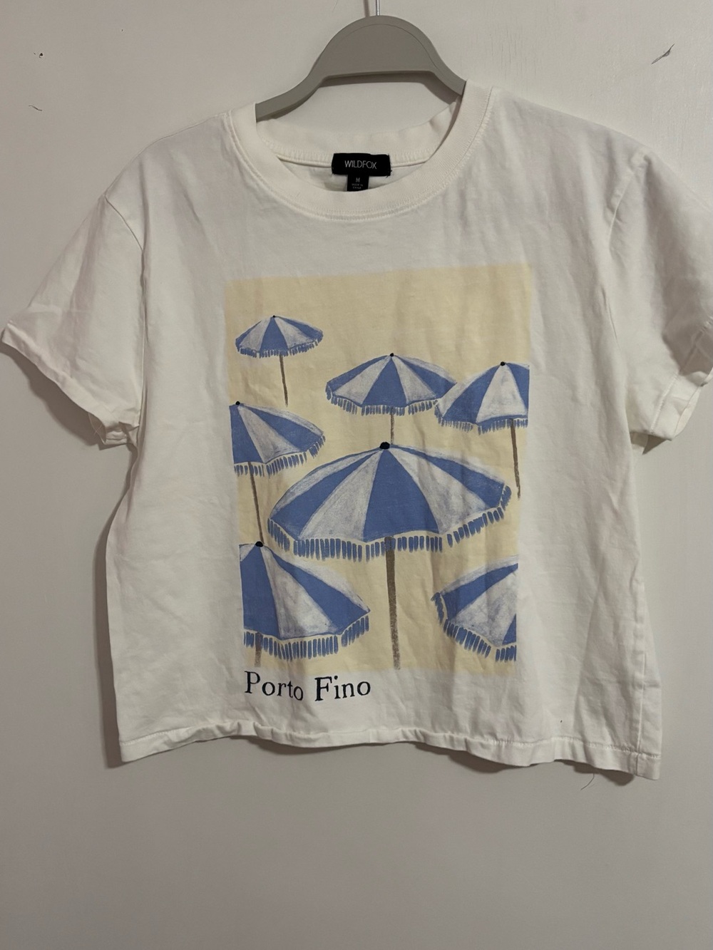 WILDFOX Porto Fino' White Graphic Tee with Blue Umbrella Printy